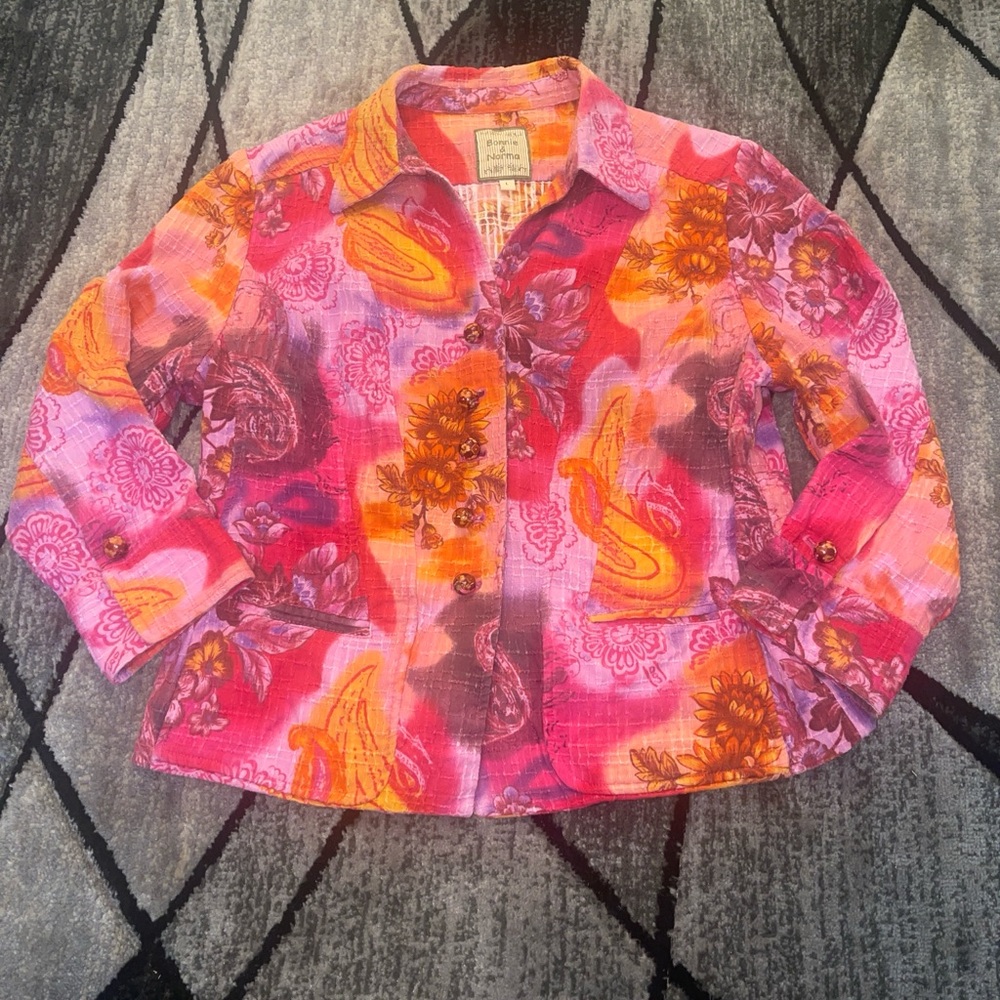Colorful Floral Patchwork Button-Up Jacket - Pink Orange Purple